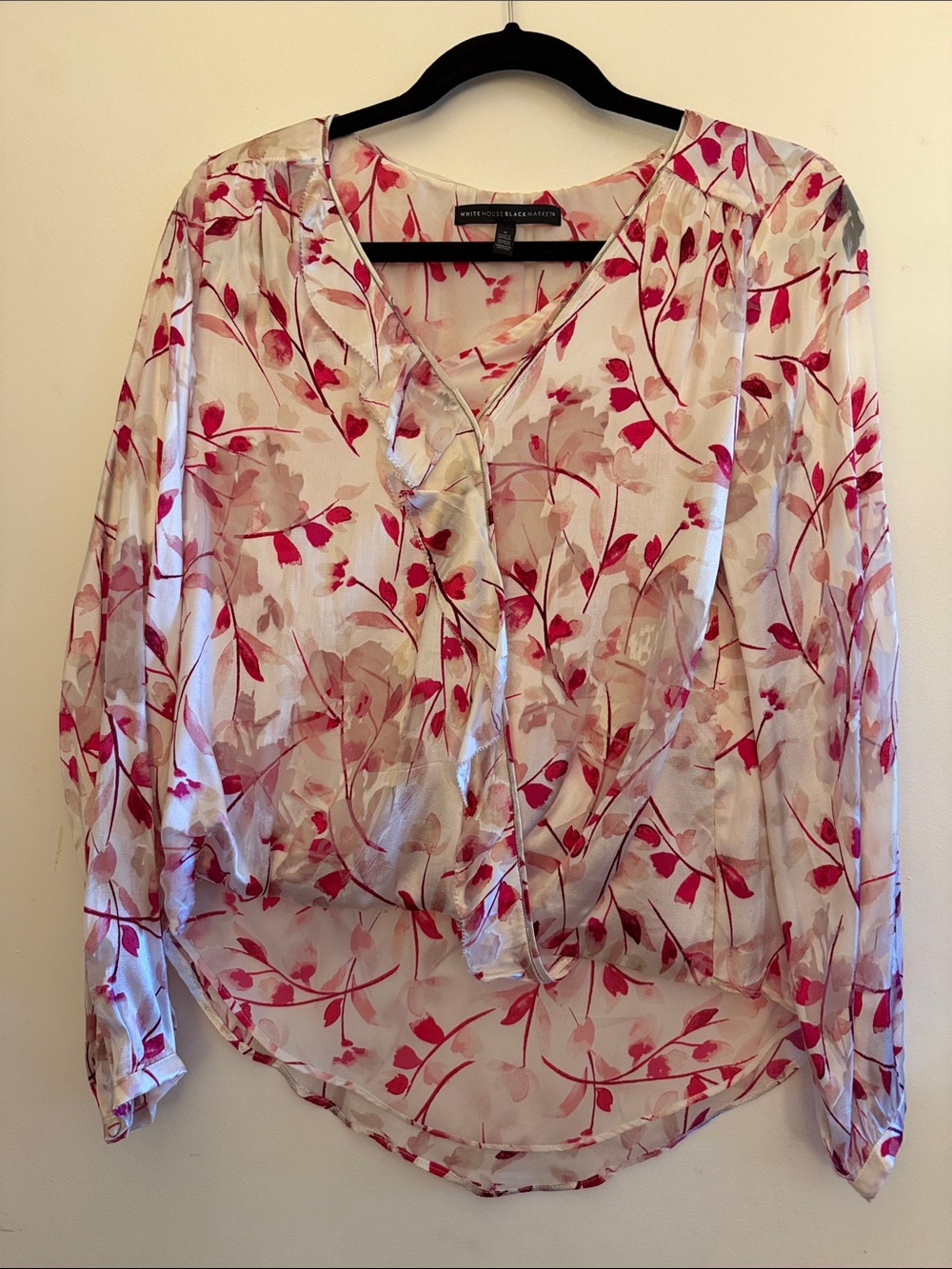 White House Black Market White and Pink Sheer Floral V-Neck Blouse